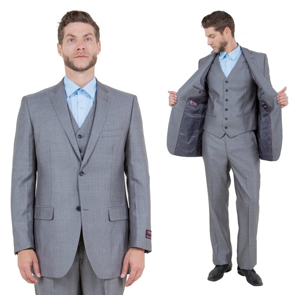 Modern Fit Sharkskin 3pc Men's Suit Set, Gray